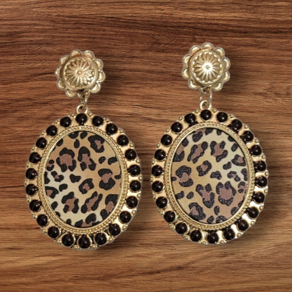 Oval Gold And Leopard Print Drop Earrings New